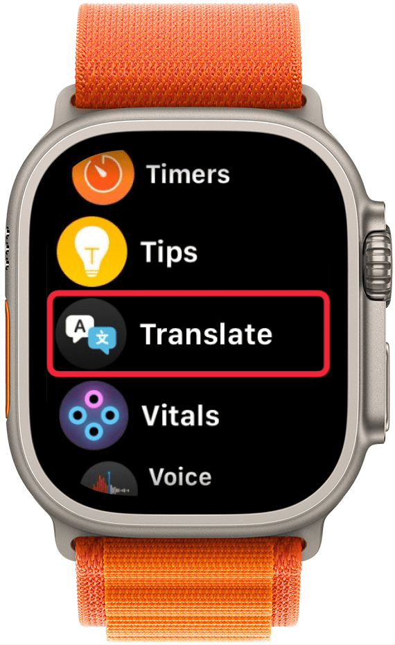 Apple Watch con un cuadro rojo alrededor de la aplicación de traducción