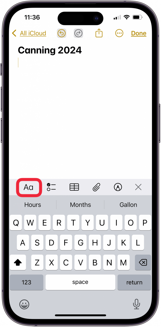 Toque el icono de formato en la aplicación de notas