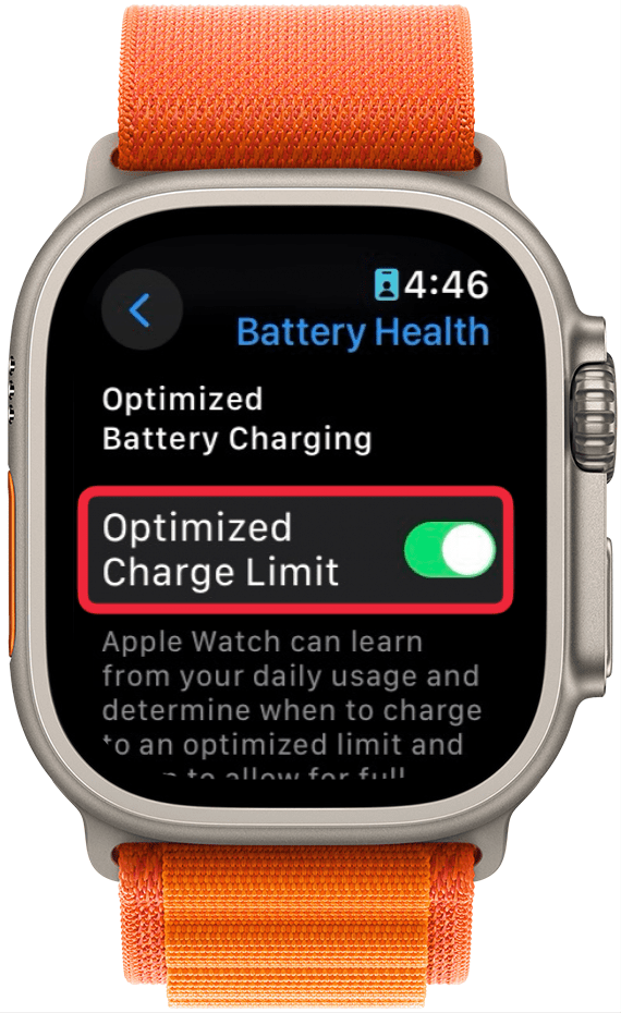 Configuración de estado de la batería del Apple Watch con un cuadro rojo alrededor del interruptor de límite de carga optimizado