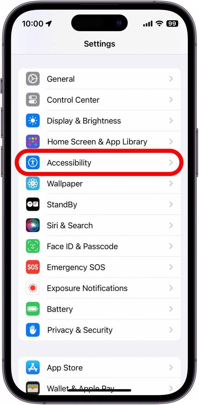 Aplicación de configuración de iPhone con accesibilidad marcada en rojo