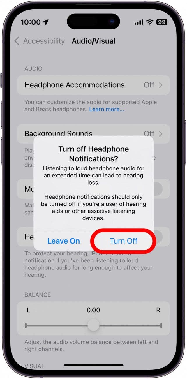 Ventana de confirmación de desactivación de notificaciones de auriculares de iPhone con botón de apagado marcado en rojo