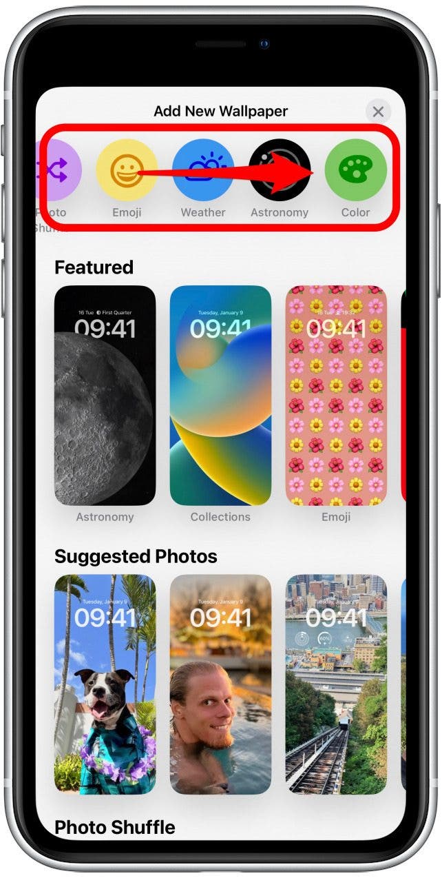 En la parte superior, verás íconos circulares. Puedes deslizar el dedo hacia la izquierda para ver más opciones, como Foto, Personas, Reproducción aleatoria de fotos, Emoji, Clima, Astronomía y Color. Si seleccionas una de ellas, podrás crear una pantalla de bloqueo desde cero.