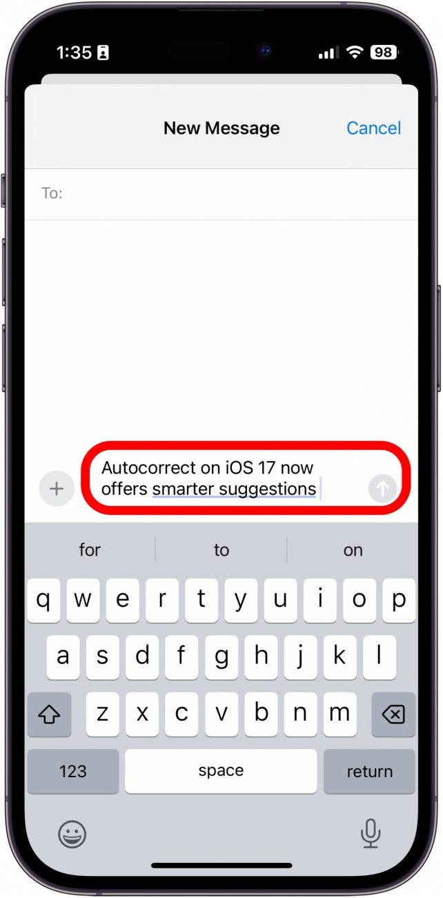 Campo de texto del mensaje que muestra la autocorrección, rodeado en rojo y que dice: 