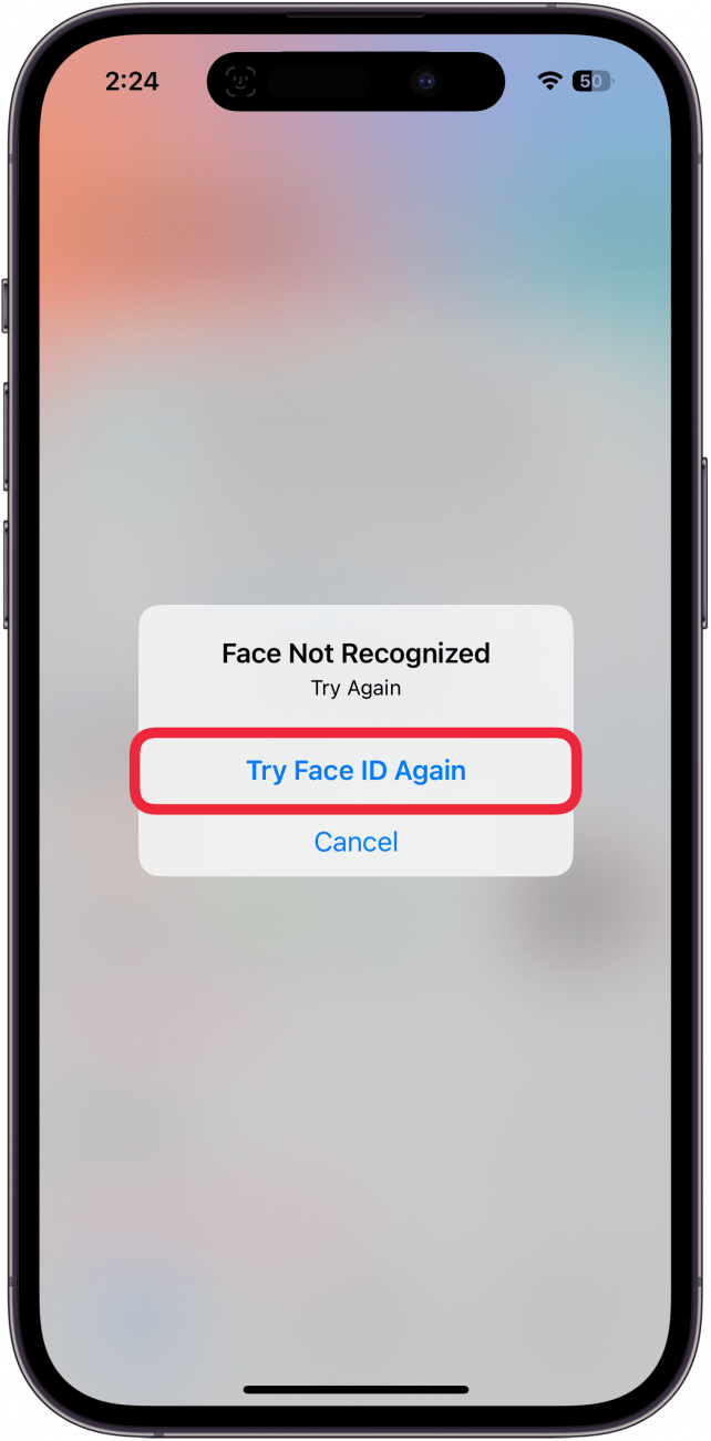 La aplicación de salud del iPhone muestra una pantalla borrosa en pantalla completa y un mensaje que dice que Face ID falló y un cuadro rojo alrededor, intente Face ID nuevamente.