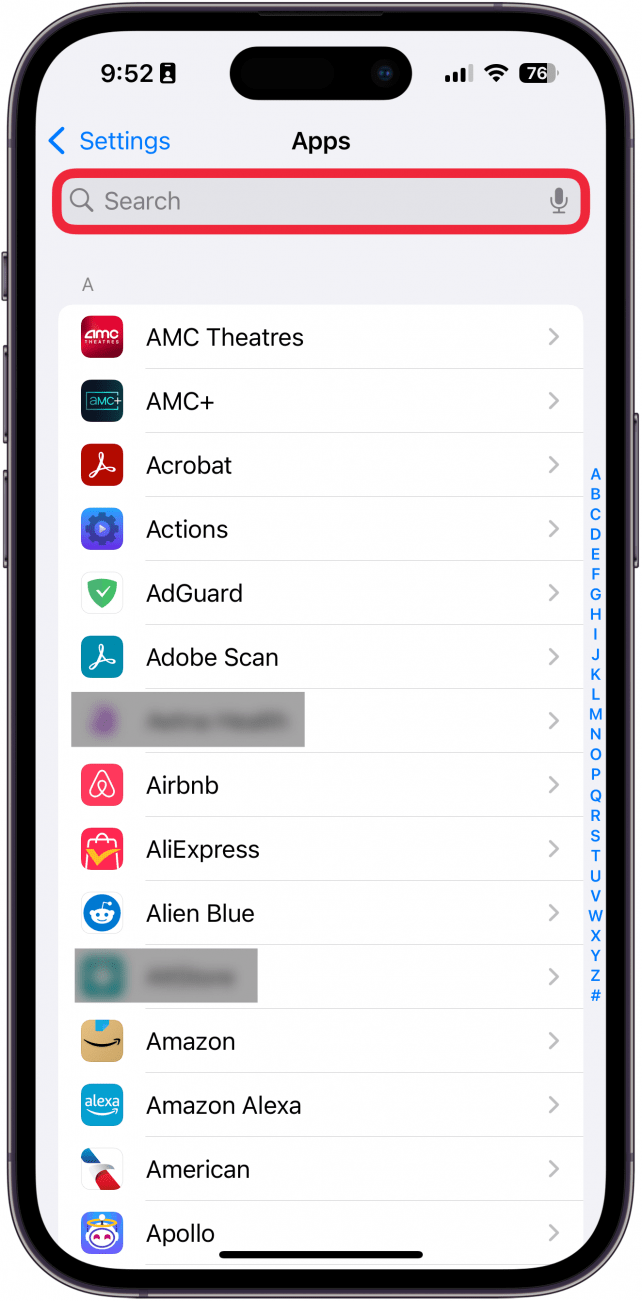 Configuración de la aplicación de iPhone con un cuadro rojo alrededor de la barra de búsqueda.