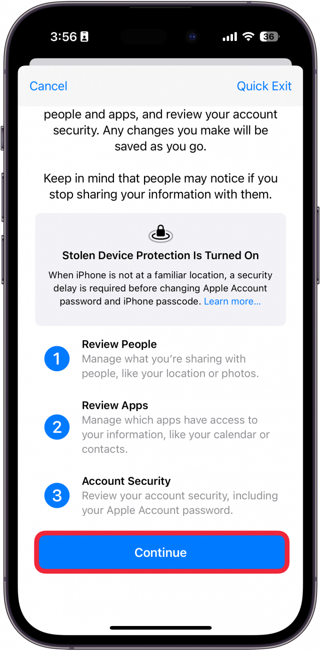 iPhone gestiona el uso compartido y el acceso con un cuadro rojo alrededor de continuar