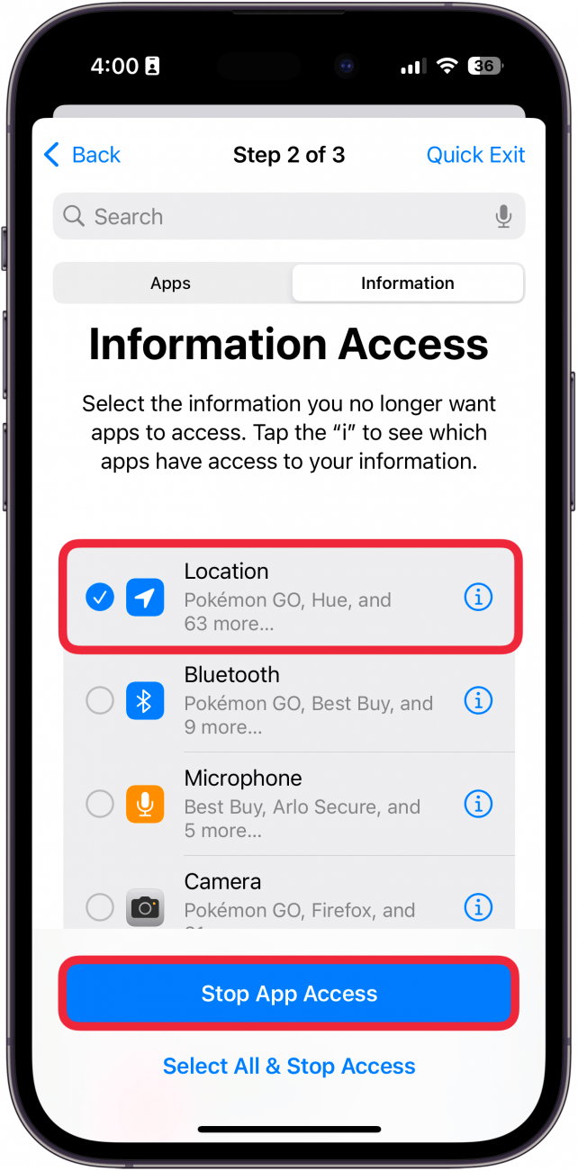 iPhone administra el uso compartido y accede a la pestaña de información de acceso a la aplicación con un cuadro rojo alrededor de la ubicación y un cuadro rojo alrededor de detener el acceso a la aplicación