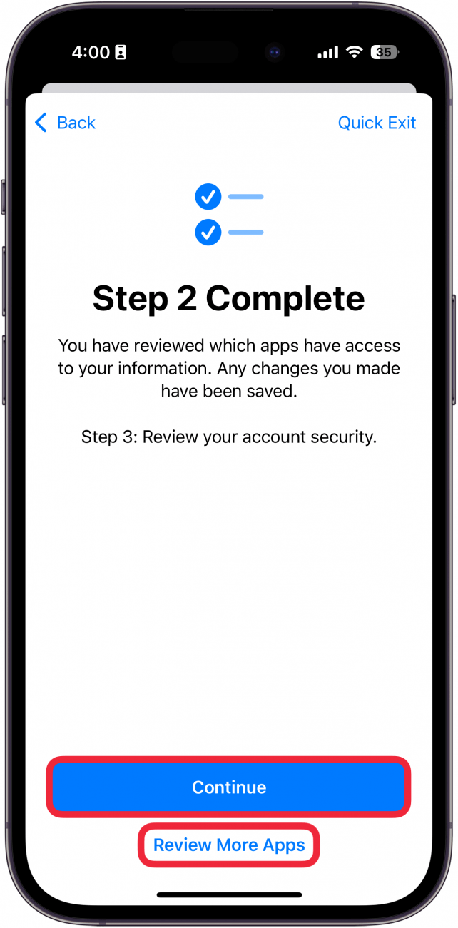 iPhone administra el uso compartido y el acceso mostrando una pantalla que indica que el paso 2 está completo, con un cuadro rojo alrededor de continuar y revisar más aplicaciones
