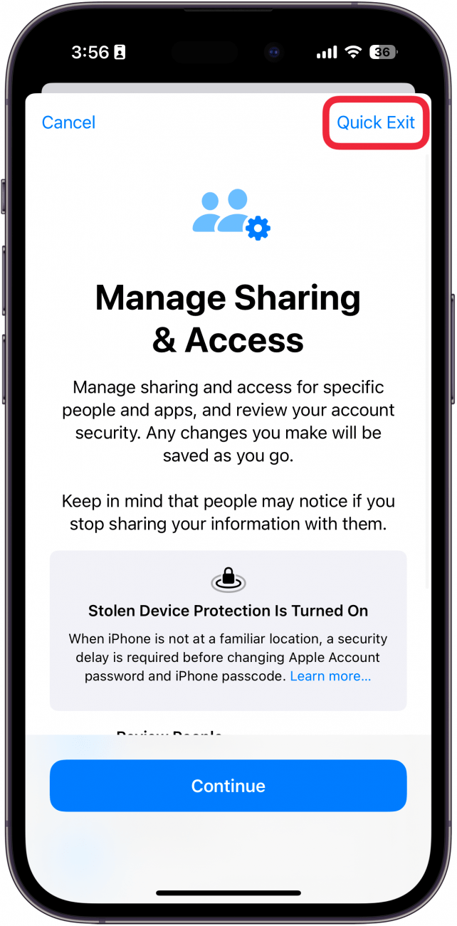 iPhone gestiona el uso compartido y el acceso con un cuadro rojo alrededor de la salida rápida