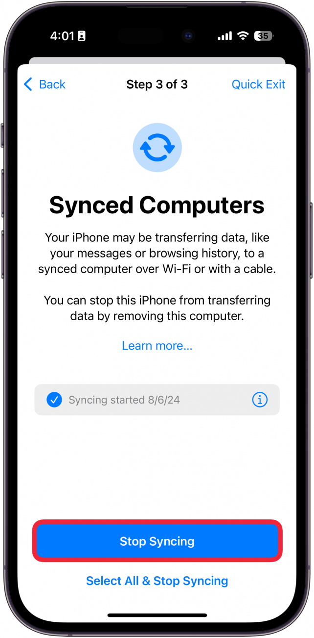 iPhone administra el uso compartido y accede a la pantalla de las computadoras sincronizadas con un cuadro rojo alrededor de Detener sincronización