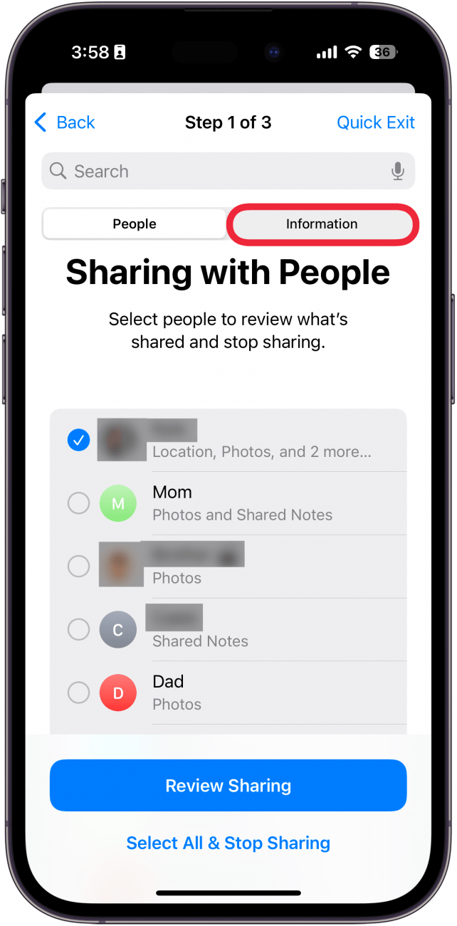 iPhone administra el uso compartido y el acceso mostrando una lista de contactos con un cuadro rojo alrededor de la pestaña de información