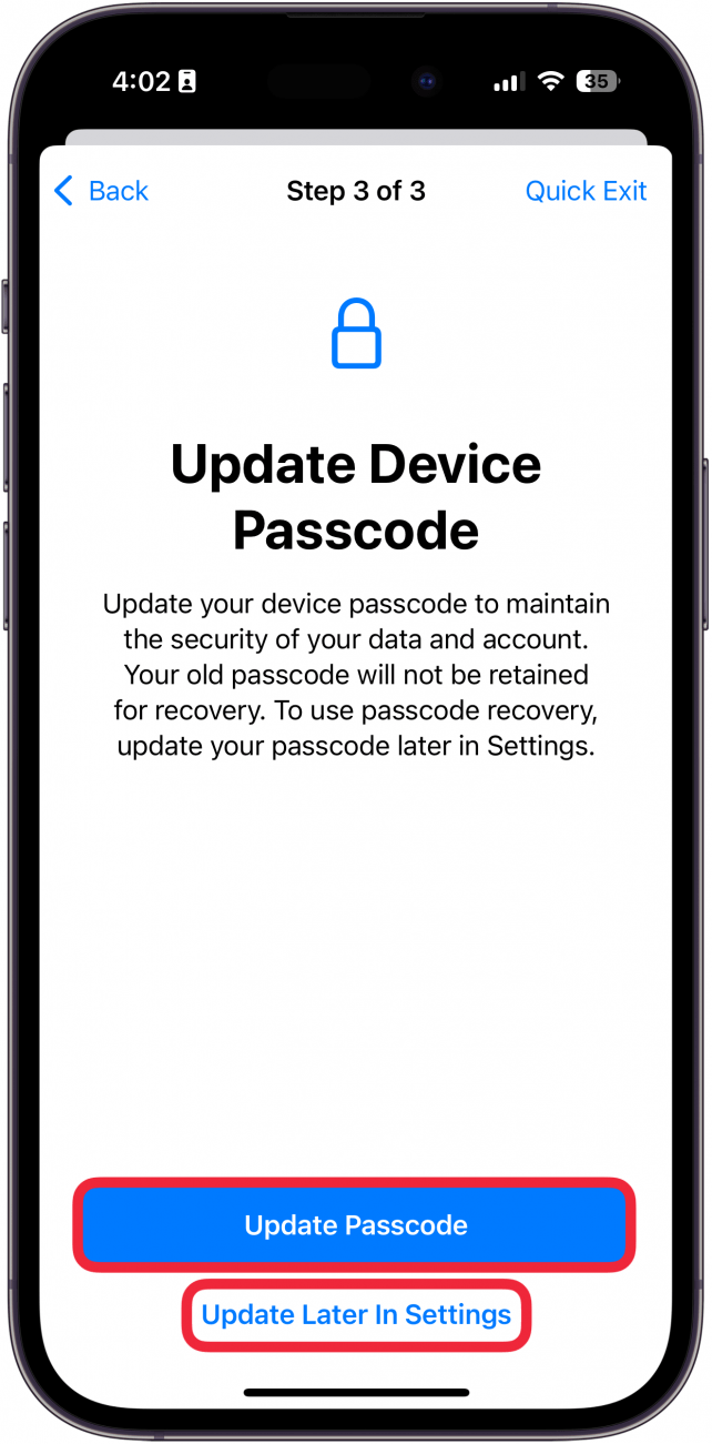 iPhone administra el uso compartido y accede a la pantalla de actualización del código de acceso con un cuadro rojo alrededor del código de acceso de actualización y un cuadro rojo alrededor de la actualización más tarde en la configuración