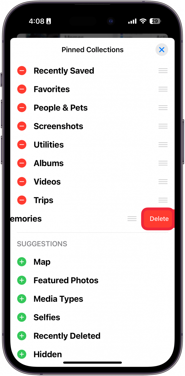 Menú de personalización de colecciones fijadas de la aplicación de fotos de iPhone que muestra un botón de eliminación junto a la opción de recuerdos con un cuadro rojo alrededor del botón de eliminación