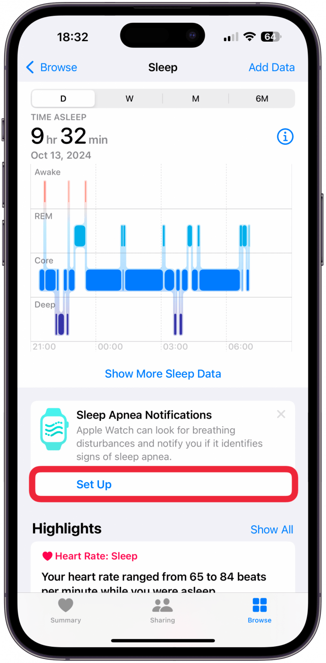 Desplácese hacia abajo hasta que vea Notificaciones de apnea del sueño, toque Configurar.