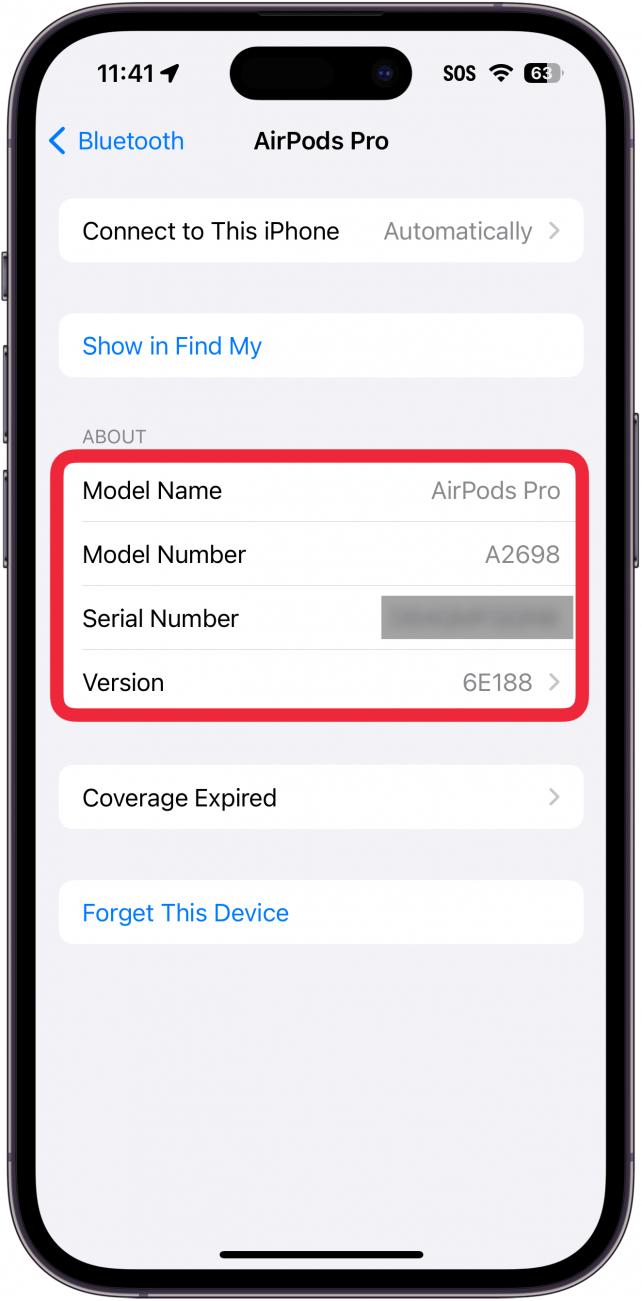 Configuración de Bluetooth del iPhone que muestra información de Bluetooth, incluido el nombre del modelo, el número de modelo, el número de serie y la versión.