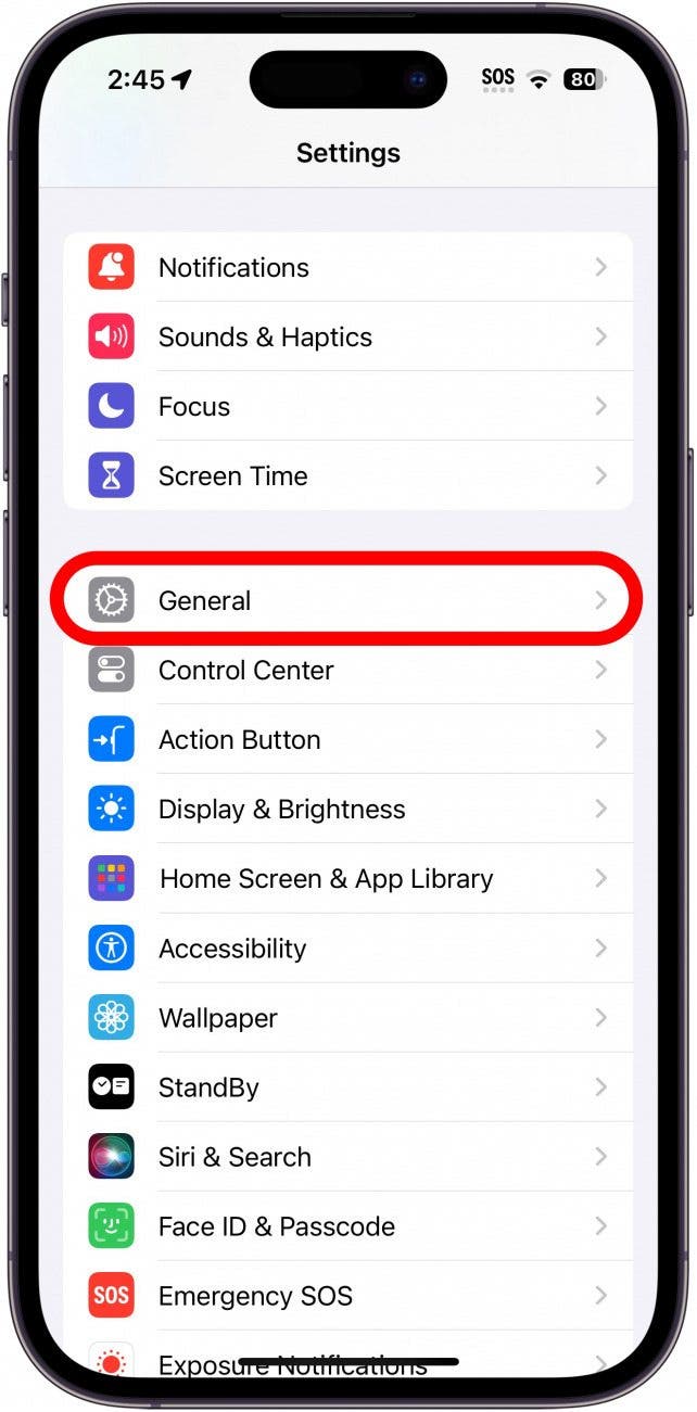Configuración del iPhone con un círculo general en rojo.