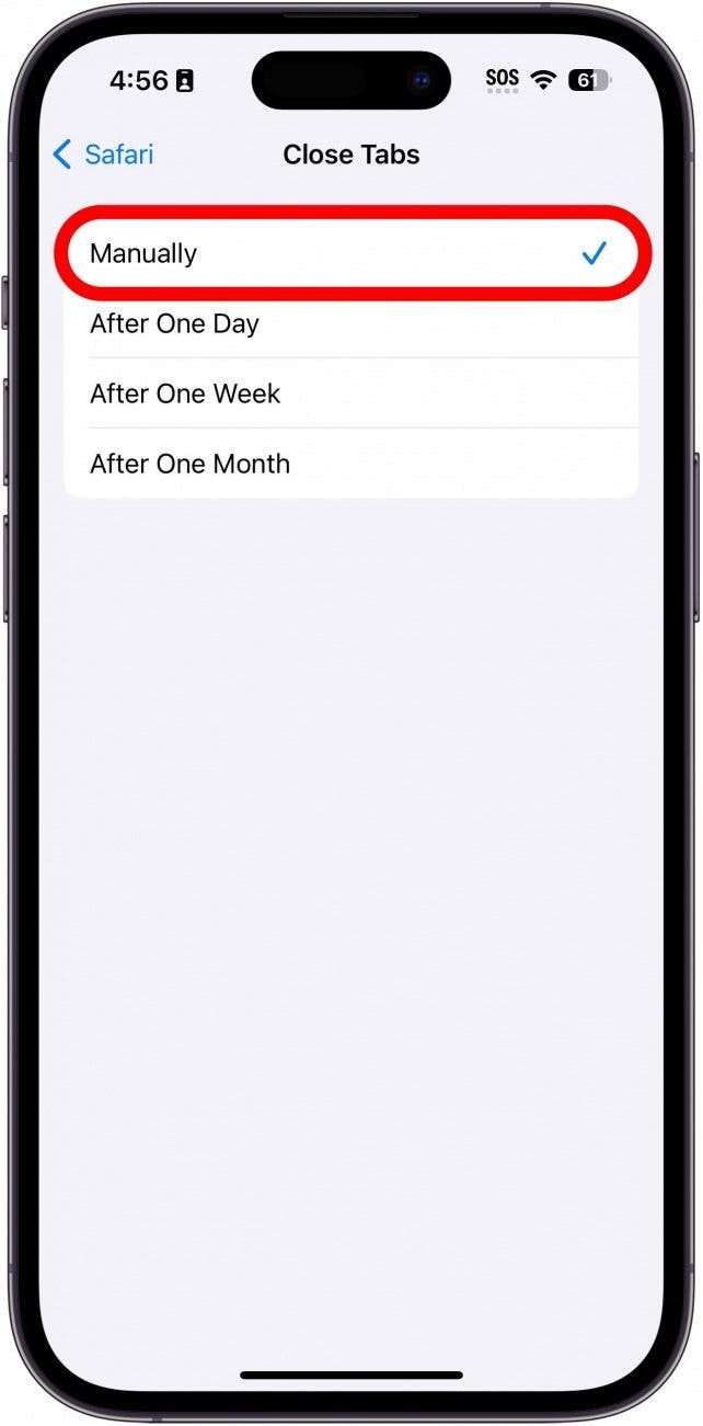Configuración de pestañas de cierre de iPhone con un círculo rojo manual