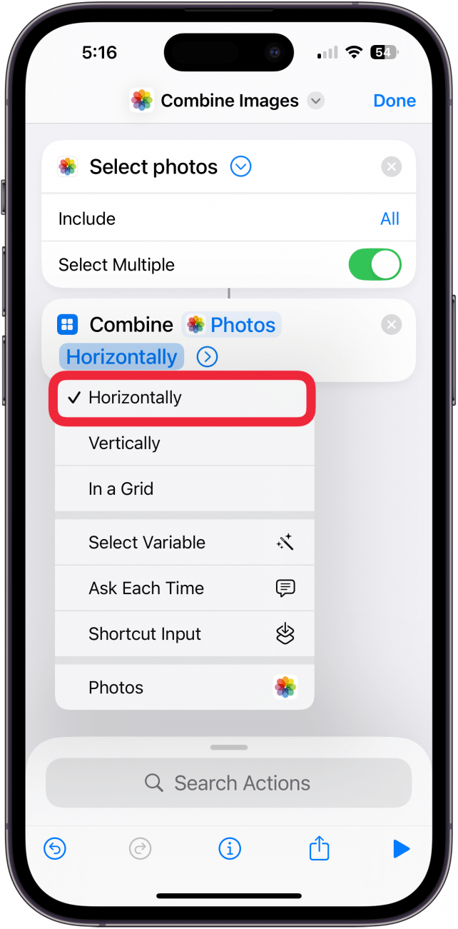 Seleccione Horizontalmente para crear una foto de lado a lado en su iPhone.