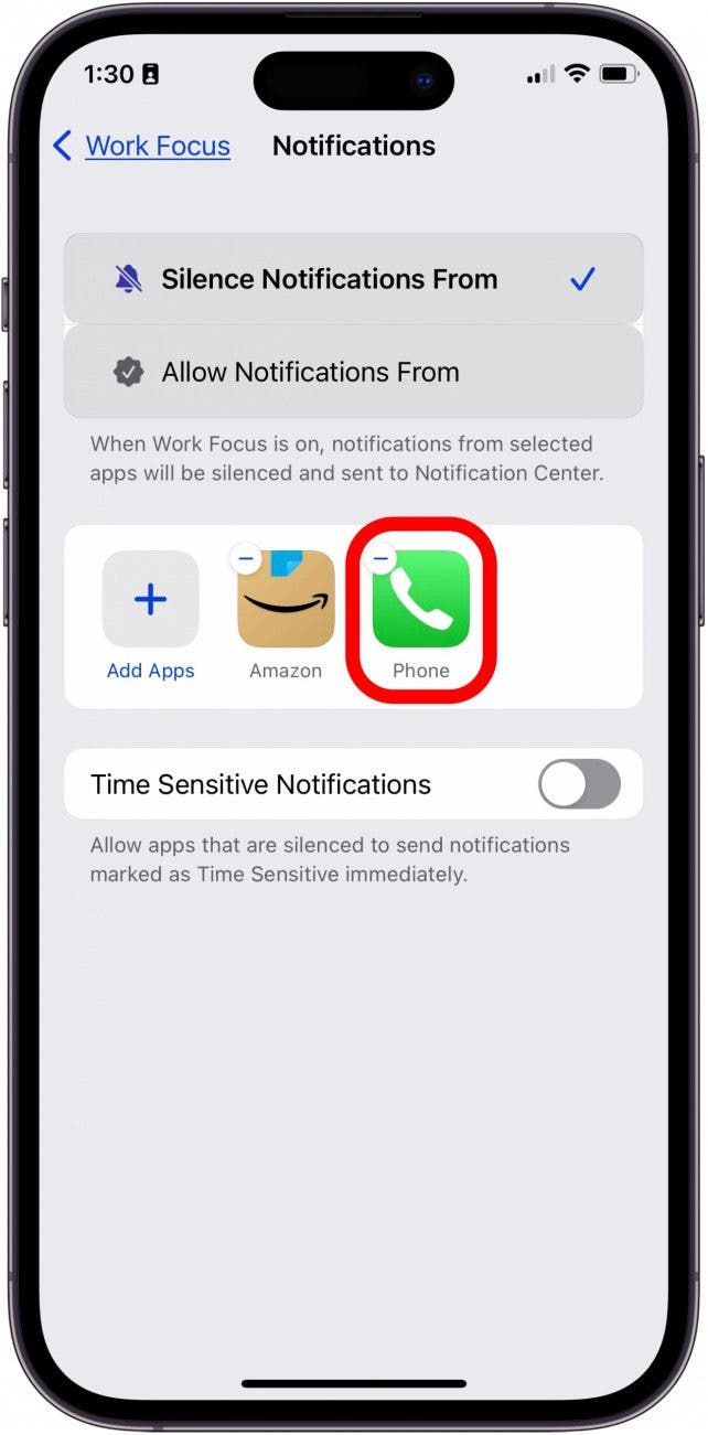 toque el signo menos en el teléfono para que las llamadas suenen incluso en el modo de enfoque del iPhone