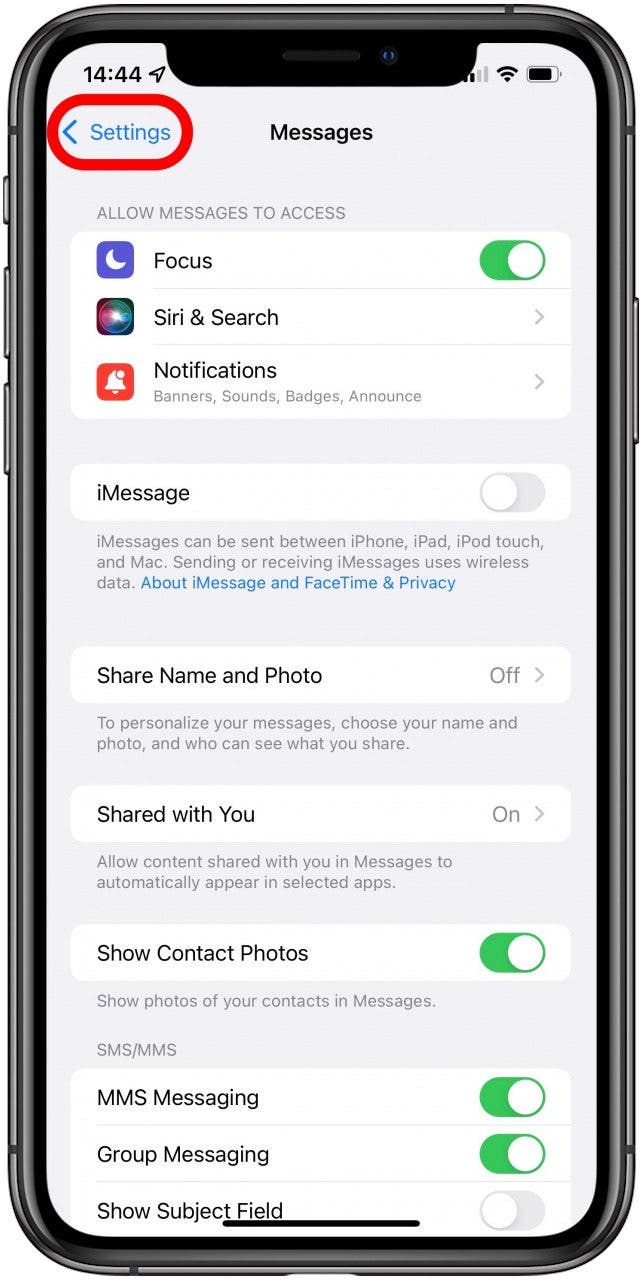 Volver a Configuración - mensaje de texto de error iphone	