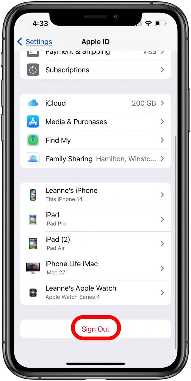 toque cerrar sesión para cerrar sesión en la identificación de Apple