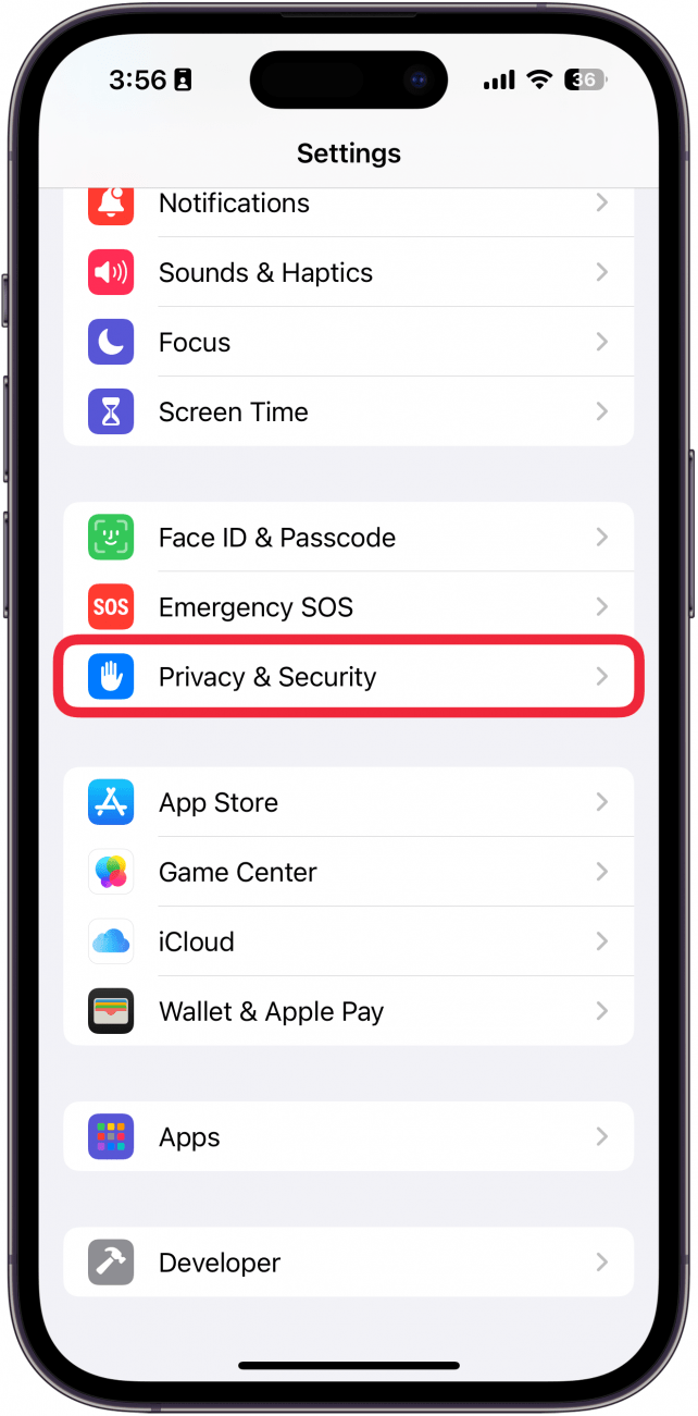 aplicación de configuración de iPhone con un cuadro rojo que indica privacidad y seguridad