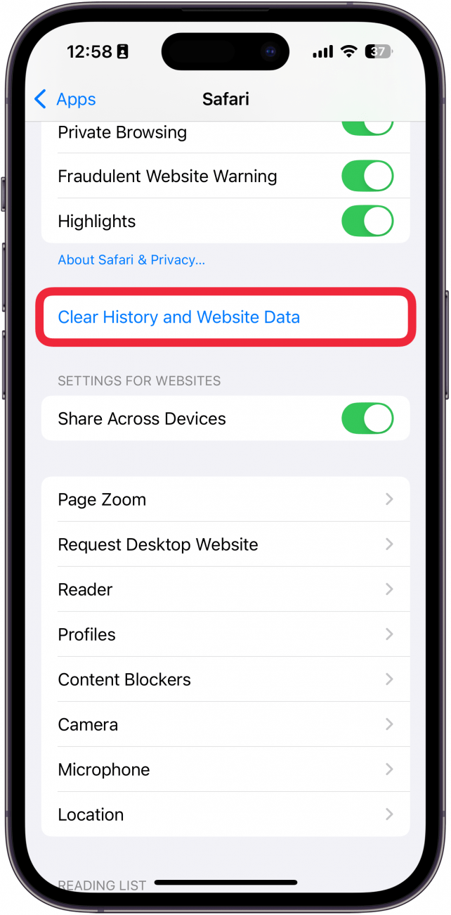 Configuración de iPhone Safari con un cuadro rojo alrededor de borrar el historial del sitio web y los botones de datos.