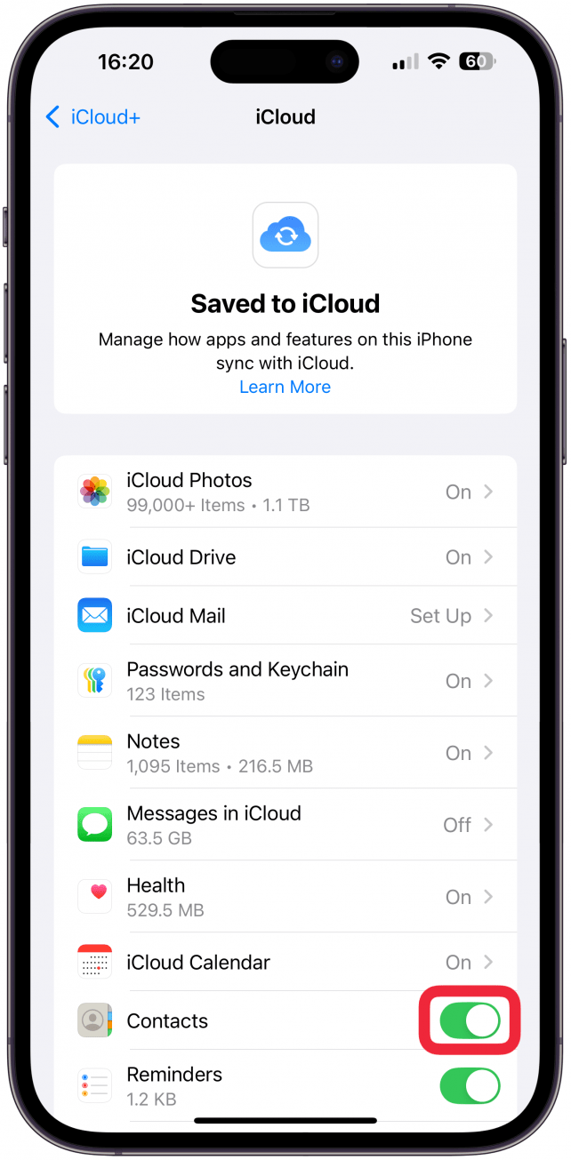 Verifique que la palanca de Contactos esté verde, lo que significa que sus contactos se están sincronizando con iCloud.