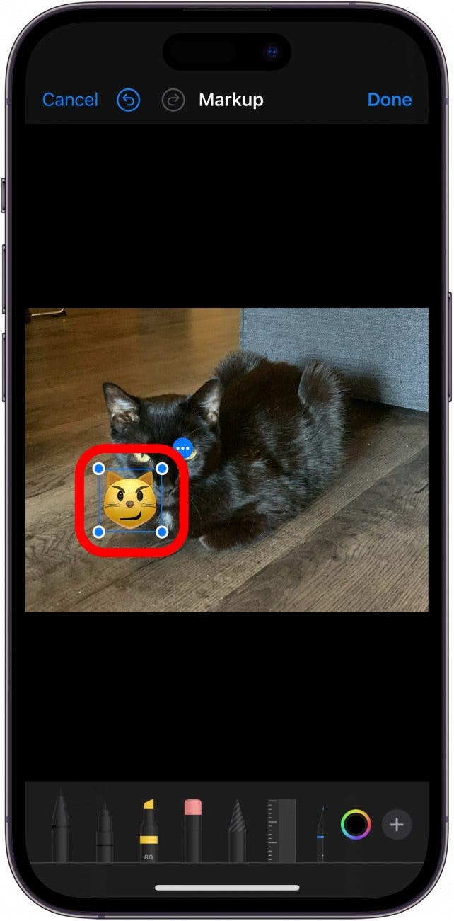 marcado de foto de iPhone con pegatina de emoji de gato en la foto