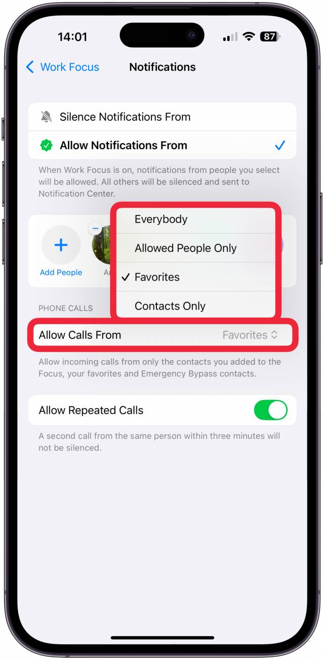 Si selecciona Permitir notificaciones de ciertos contactos, podrá seleccionar de quién desea permitir llamadas. Toque Solo personas permitidas y seleccione entre Todos, Solo personas permitidas, Favoritos o Solo contactos.