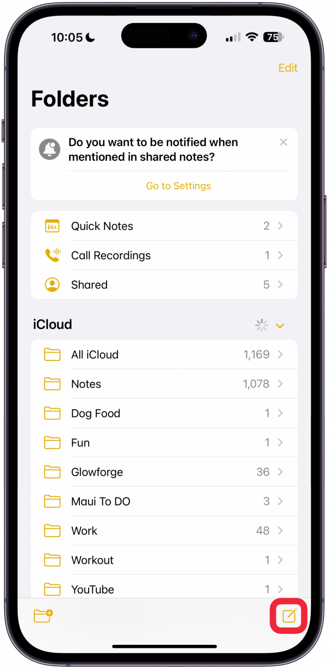 Toca el ícono Nueva nota en la esquina inferior derecha.