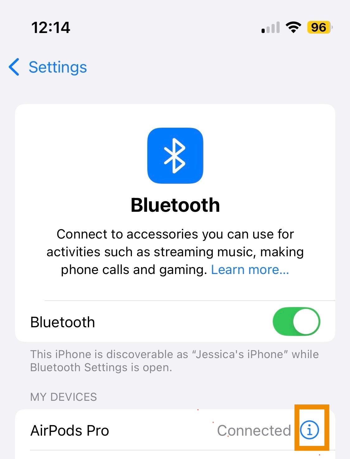 Configuración de Bluetooth de iPhone con AirPods Pro conectado