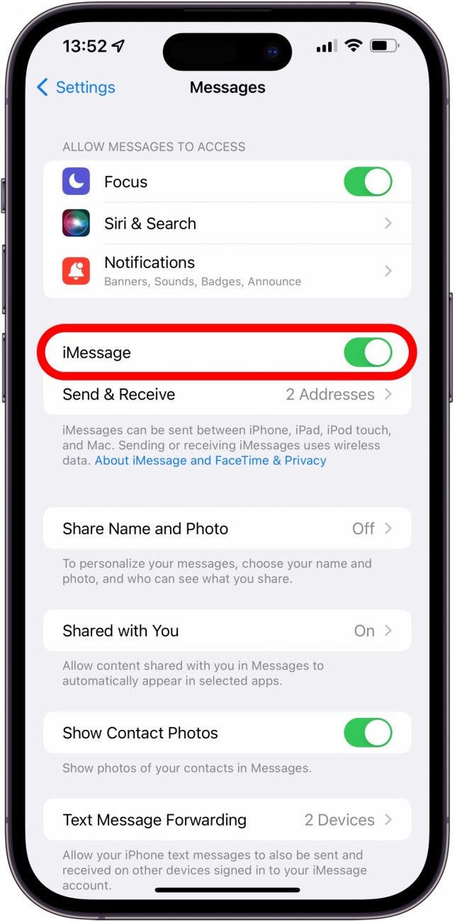 Asegúrese de que el iMessage esté activado.