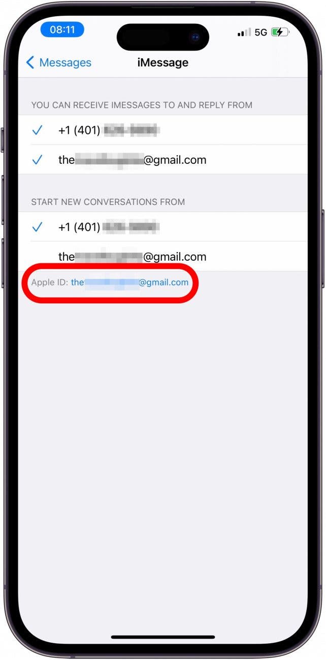 Si todavía no funciona, intente firmar de iMessage tocando su ID de Apple en Enviar y Recibir.