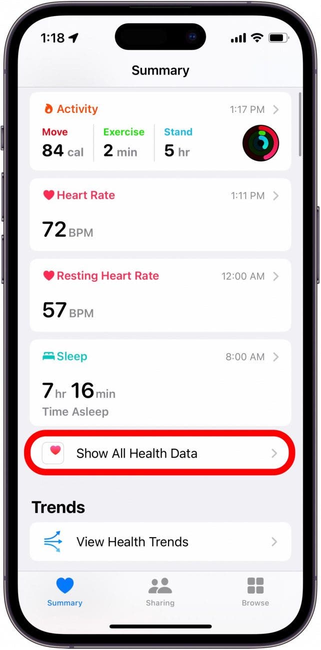 En resumen, toque Mostrar todos los datos de salud.
