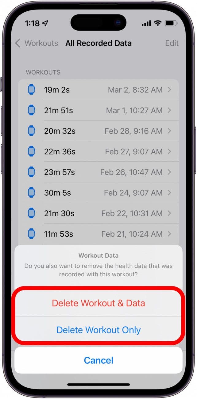 Seleccione si desea eliminar el entrenamiento y los datos que registró, o simplemente eliminar el entrenamiento en sí.