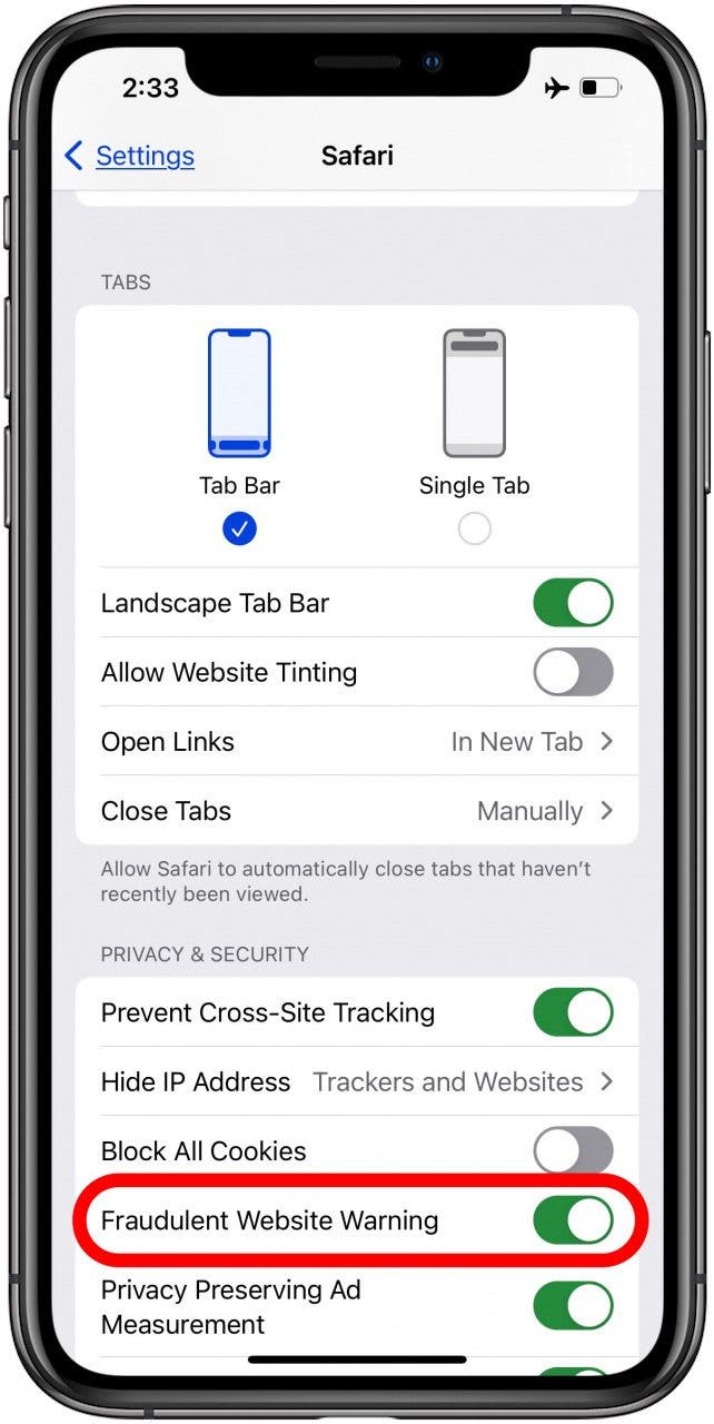 Active la advertencia del sitio web fraudulento para mejorar la alerta de seguridad de Apple