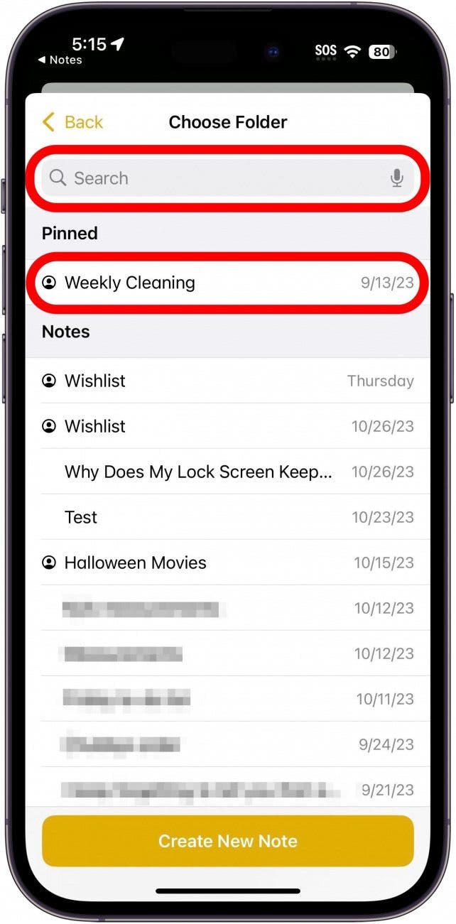 Notas de iPhone con barra de búsqueda y una nota titulada Weekly Cleaning rodeada en rojo