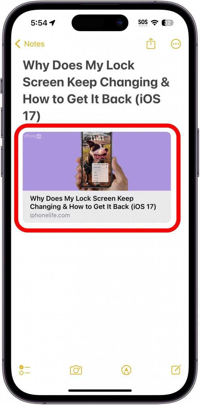 Nota de iPhone con el enlace de la página web con círculo en rojo