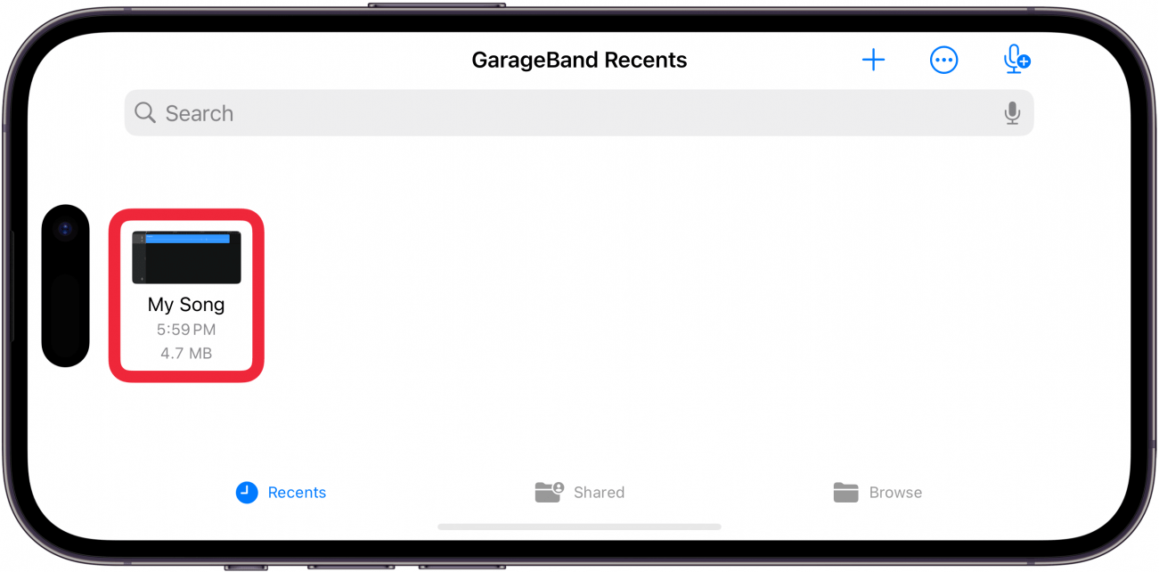iPhone GarageBand que muestra la ventana de mis canciones con una caja roja alrededor del proyecto actual