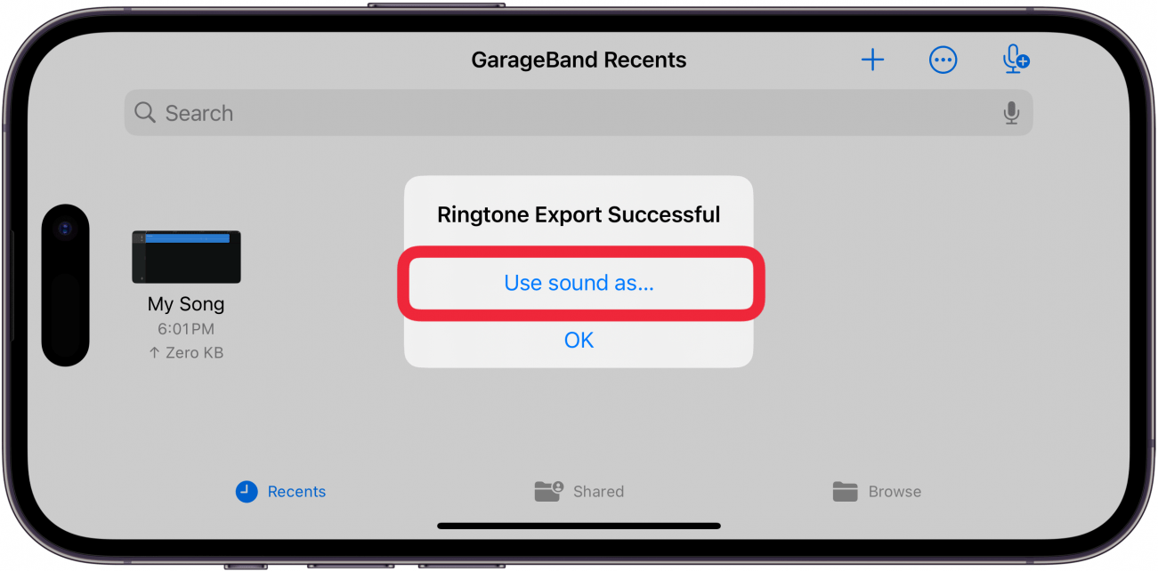 iPhone GarageBand, la ventana de mis canciones que muestra el tono de llamada Exportar ventana exitosa con una caja roja alrededor de usar el sonido como botón