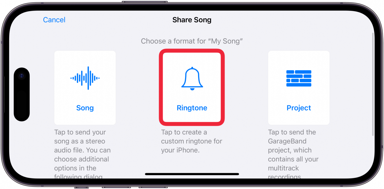 iPhone GarageBand que muestra la ventana compartida, con una caja roja alrededor de la opción de tono de llamada