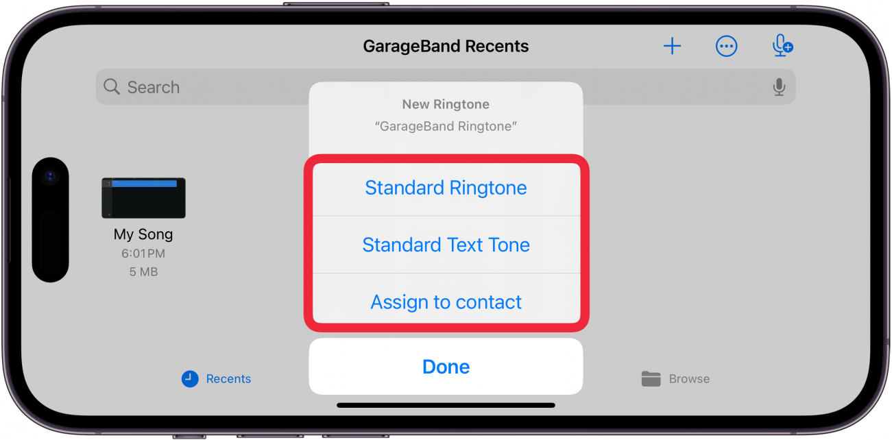 iPhone GarageBand, la ventana de mis canciones que muestra el tono de llamada Exportar ventana exitosa con una caja roja alrededor de las opciones de tono de llamada estándar, tono de texto estándar o asignar para contactar