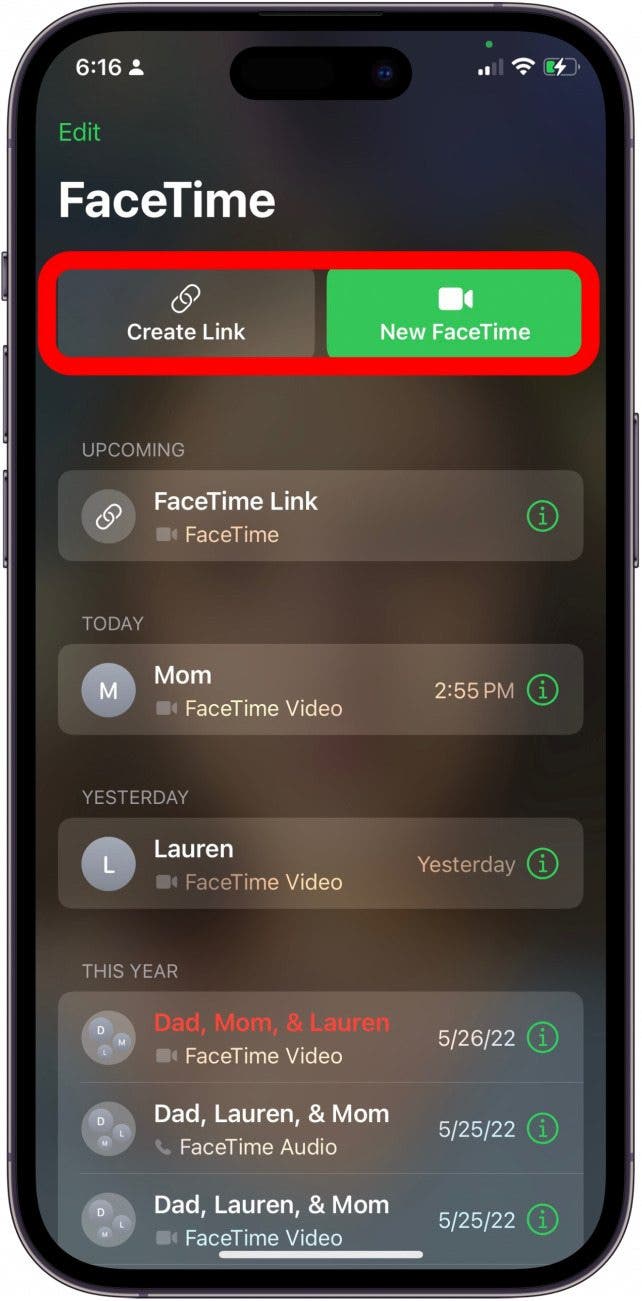 Elija entre la lista de llamadas anteriores, elija Crear enlace para programar una reunión o FaceTime con usuarios de Android, o nuevo FaceTime y comience una nueva videollamada.
