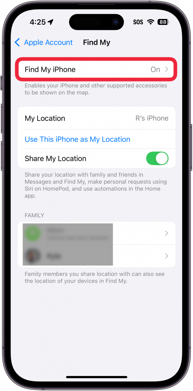 iPhone Encuentra mi configuración con una caja roja alrededor de buscar el botón de mi iPhone