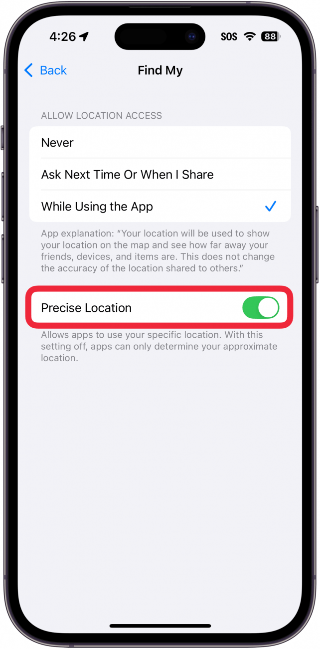 iPhone Encuentra la configuración de mis servicios de ubicación con una caja roja alrededor de una ubicación precisa
