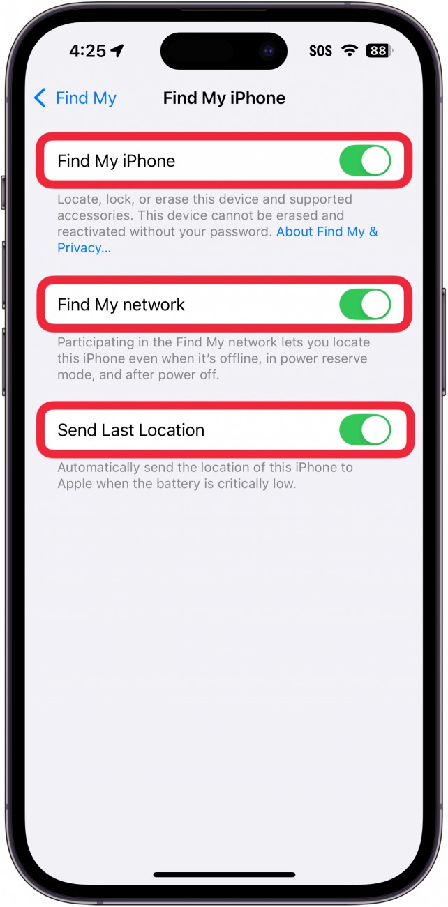 iPhone Encuentra la configuración de mi iPhone con cajas rojas alrededor de buscar mi iPhone, encontrar mi red y enviar la última ubicación alternativa