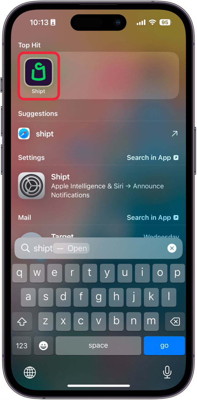 Búsqueda de iPhone con una caja roja alrededor de la aplicación Shipt