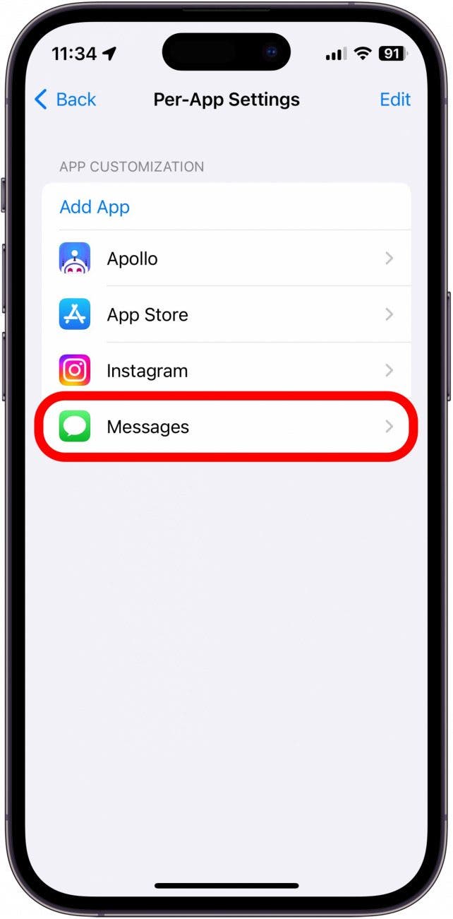 iPhone por configuración de la aplicación Captura de pantalla con la aplicación Mensajes en círculo en rojo