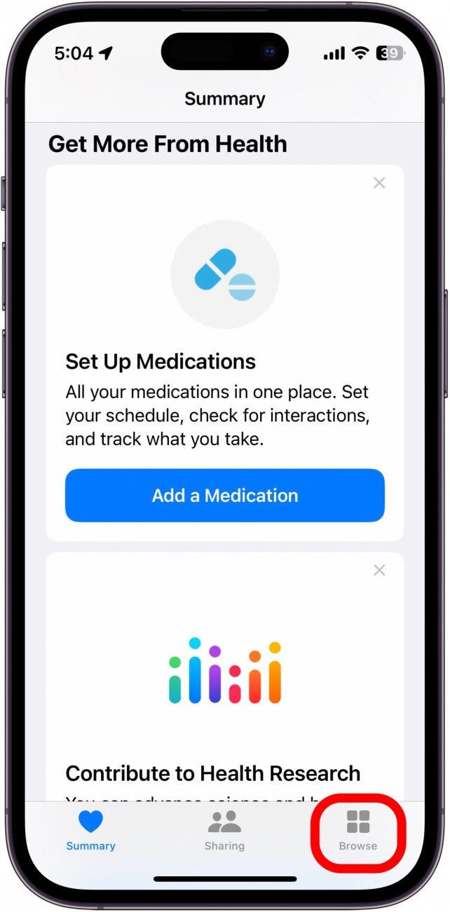 Captura de pantalla de la aplicación de salud para iPhone con pestaña de navegación en rodajas en rojo